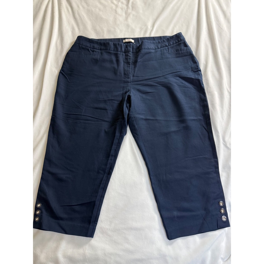 Roz & Ali Navy Blue Cropped Capri Pants Women 20 Button Hem Stretch Cotton